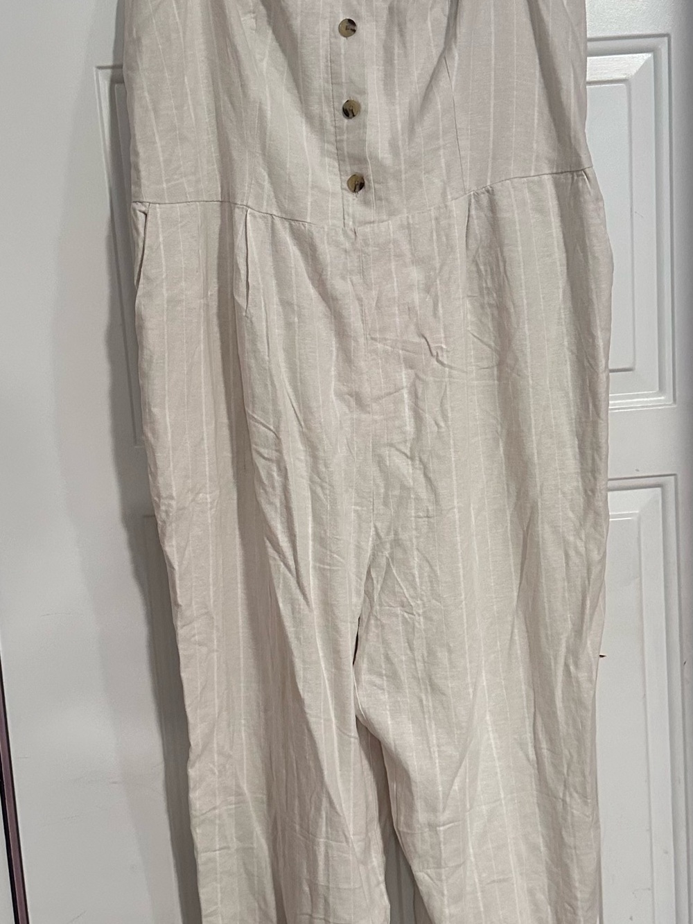 Old Navy Cream Pinstripe Jumpsuit with Button Front